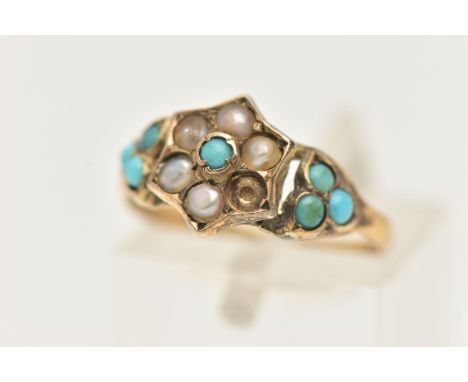 A 9CT GOLD SPLIT PEARL AND TURQUIOSE MEMORIAL RING, AF in the form of a flower set with a central small turquoise cabochon in