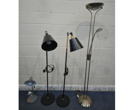 A PAIR OF MODERN BLACK AND LIGHT WOOD ANGLED FLOOR LAMPS, along with a industrial style desk lamp and a chrome uplighter lamp