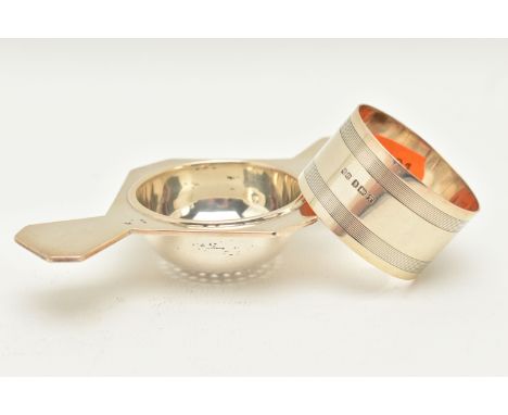 TWO SILVER ITEMS, the first a silver strainer, hallmarked 'Barker Brothers Silver Ltd' Birmingham 1936, together with a silve