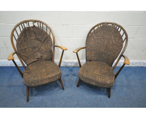 LUCIAN ERCOLANI, A PAIR OF ERCOL MID CENTURY DARK ELM AND BEECH WINDSOR ARMCHAIRS, width 75cm x depth 75cm x height 94cm (con