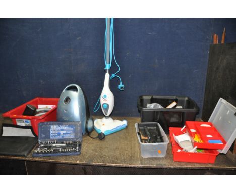 AN ELECTROLUX VACUUM CLEANER, a Vax steam mop and a box containing tools (electricals PAT pass and working)
