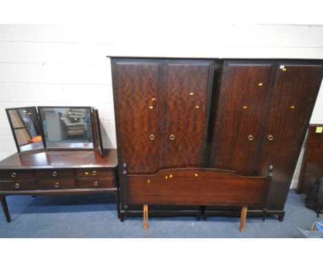 A STAG MINSTREL FIVE PIECE BEDROOM SUITE, comprising a pair of double door wardrobes, width 97cm x depth 60cm x height 178cm,