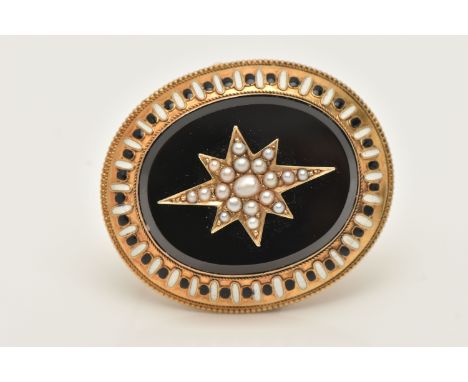 A YELLOW METAL ONYX, SPLIT PEARL AND ENAMEL MEMORIAL BROOCH, of an oval form set with a central onyx panel with a split pearl