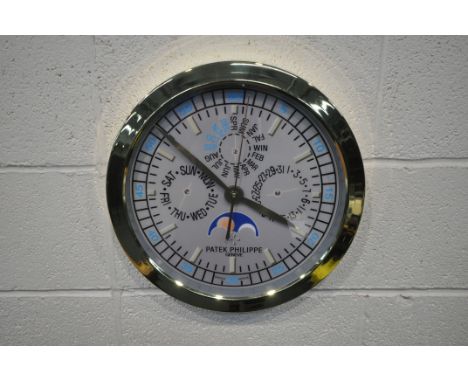 A PATEK PHILIPPE GENEVE DEALERS ADVERTISING WALL CLOCK, with a grey dial, diameter 40cm (condition report: untested, overall 