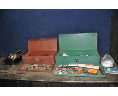 THREE METAL TOOLBOXES CONTAINING TOOLS AND HARDWARE including spanners, tin snips, files, squares, etc