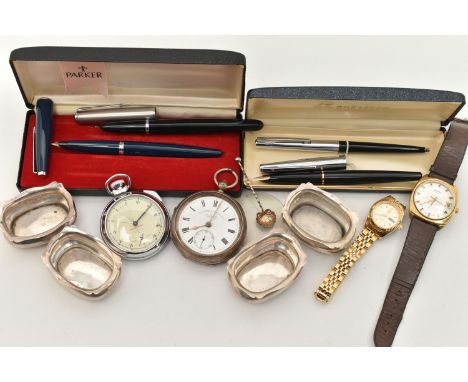 FOUR SILVER SALTS, A SALT SPOON, SILVER POCKET WATCH AND OTHER ITEMS, to include four polished oval salts with wavy rims, eac