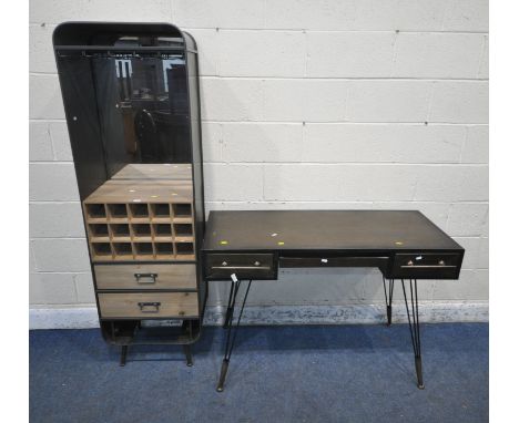 A MODERN INDUSTRIAL STYLE DRINKS CABINET, fitted with glass holders, fifteen bottle sections, and two drawers, width 53cm x d