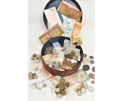 A ROUND TIN CONTAINING MIXED COINS AND COMMEMORATIVES, to include Silver content coins a France 2 Francs, a Coronation Medal 