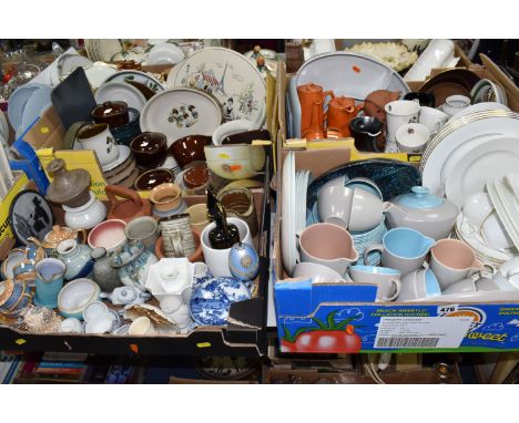 SEVEN BOXES OF CERAMIC DINNERWARE AND DECORATIVE ITEMS, to include Wedgwood 'Signet Gold' dinnerware and tea ware, Poole dinn