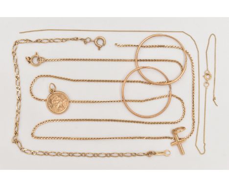 A SMALL ASSORTMENT OF 9CT AND YELLOW METAL JEWELLERY, to include a figaro chain bracelet, fitted with a spring clasp, hallmar