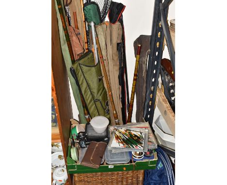 ONE BOX AND LOOSE VINTAGE FISHING RODS AND TACKLE, comprising a large wicker fishing creel, a large quantity of fishing float