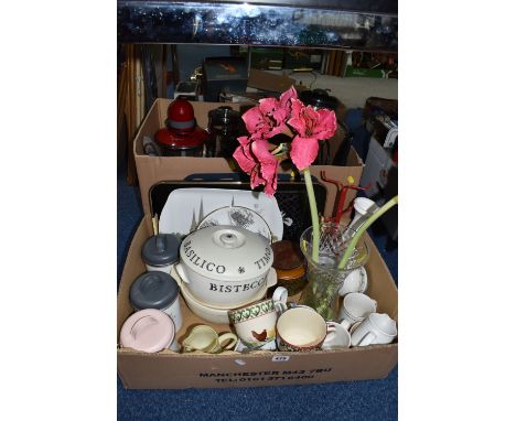 TWO BOXES OF KITCHENWARE AND CERAMICS, to include a Royal Worcester covered casserole pot, a Hornsea 'Brontë' pattern tea cad