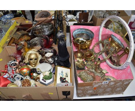 THREE BOXES OF MISCELLANEOUS ITEMS, to include decorative egg shaped ornaments, porcelain mask wall decorations, a carnival m