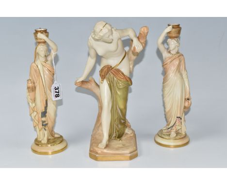 THREE ROYAL WORCESTER FIGURES, comprising of The Bather Surprised, partially clothed female supported on a tree stump on an o