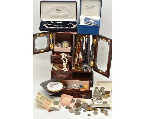 A JEWELLEY BOX AND ASSORTED ITEMS, a wooden multi storage jewellery box with imitation pearl necklaces, etc, seven semi-preci