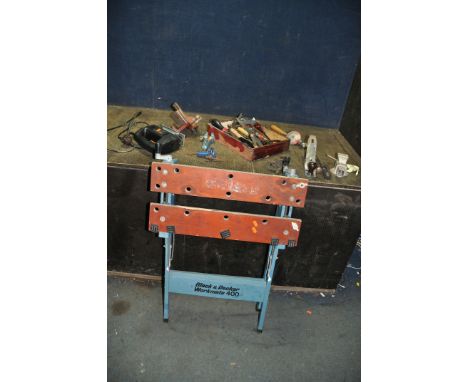 A TRAY CONTAINING TOOLS AND A FOLDING WORKBENCH including a Record No.3 plane, a Black and Decker jigsaw (PAT fail due to uni