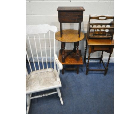 A 20TH CENTURY OAK LAMP TABLE, with a single drawer, raised on barley twist supports, a circular table, another table, a smal