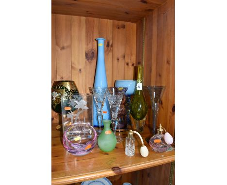 A GROUP OF MIXED MOSTLY COLOURED GLASSWARE to include a pair of crystal cut wine glasses, a blue cased Empoli style mid-centu