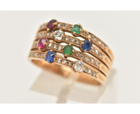 A YELLOW METAL GEM SET RING, designed as four rows each set with a row of small rose cut diamonds, and two other gemstones to