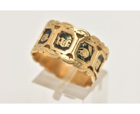 AN 18CT GOLD, EARLY VICTORIAN ENAMEL 'IN MEMORY OF' MEMORIAL RING, wide band with sections of black enamel inscribed 'In Memo