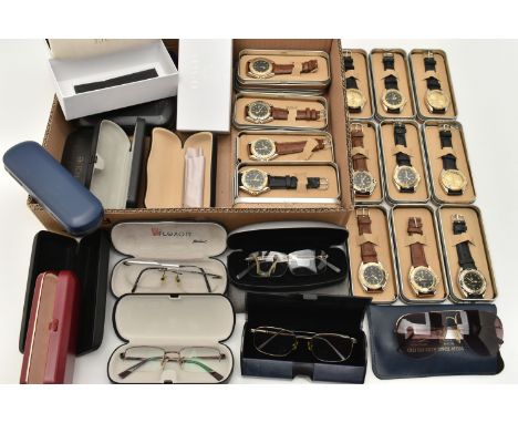 A BOX OF ASSORTED ITEMS, to include sixteen cased quartz wristwatches, detailed with car motifs to the dial, a selection of g