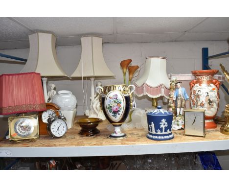 A COLLECTION OF TALL ITEMS AND MISCELLANEOUS, to include a pair of vintage porcelain table lamps of a figurine in a sitting p