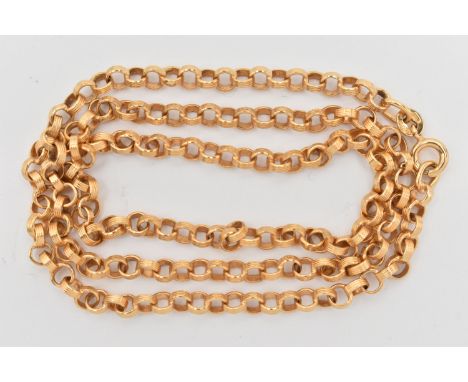 A YELLOW GOLD CHAIN NECKLACE, a yellow gold belcher chain necklace with textured detail to the links, fitted with a spring cl