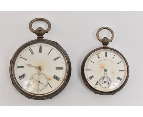 TWO SILVER OPEN FACE POCKET WATCHES, key wound movement, round white dial, Roman numerals, second subsidiary dial at the six 