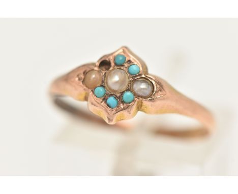 A 12CT TURQUOISE AND SEED PEARL RING, a rose gold cluster ring, set with three split seed pearls and five small cabochon turq