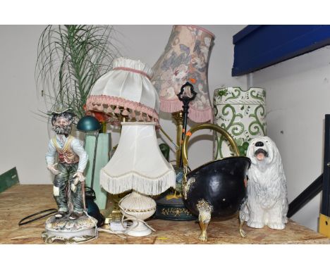A GROUP OF LARGE ORNAMENTS AND LAMPS to include a Beswick fireside Old English Sheepdog No. 2232, height approximately 30cm, 