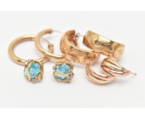 FOUR PAIRS OF EARRINGS, to include a pair of topaz and single cut diamond accent set stud earrings, hallmarked 9ct Sheffield 