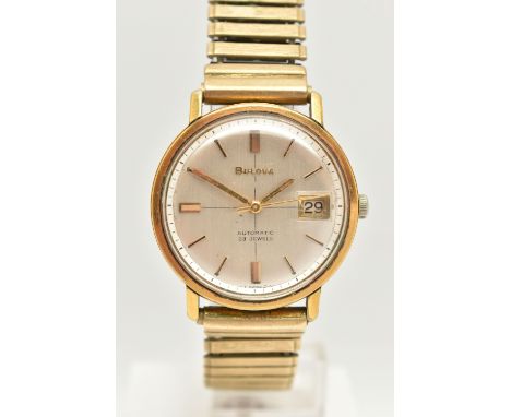 A GENTS GOLD PLATED 'BULOVA' WRISTWATCH, automatic movement, round silver dial signed 'Bulova, Automatic 23 Jewels', baton ma