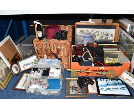 FOUR BOXES AND LOOSE ASSORTED ITEMS INCLUDING CAMERAS AND BINOCULARS, a Kodak Easyshare digital camera, Konica Pop 35mm compa