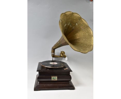 HIS MASTER VOICE' GRAMOPHONE, comprising a wind up horned gramophone in need of attention, winding handle missing, mechanism 