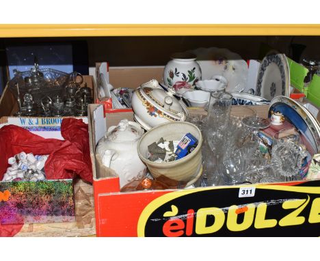 FOUR BOXES OF MIXED CERAMICS AND GLASSWARE to include a box of ceramic thimbles from various UK and international heritage an