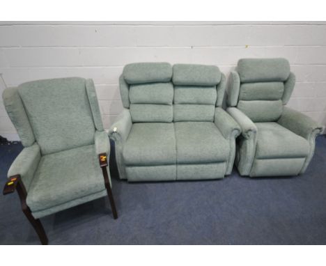 A MIDDLETON GREEN UPHOLSTERED LOUNGE SUITE, comprising an electric rise and recline armchair, a two seater sofa, length 136cm