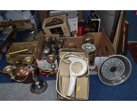 THREE BOXES AND LOOSE METALWARE AND MISCELLANEOUS, to include a Jane Morden oil on canvas still life, with gold frame, two fr