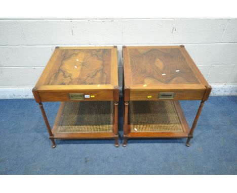 BAKER FURNITURE, A PAIR OF WALNUT LAMP TABLES, the single drawers with brass campaign handles, raised on turned legs, united 