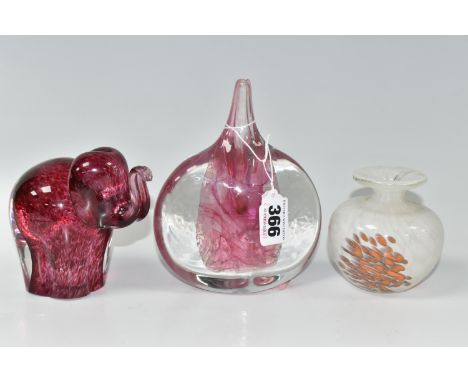 A GROUP OF THREE DECORATIVE GLASS ITEM, to include isle of white glass lollipop vase, multi coloured swirl blown glass, maker