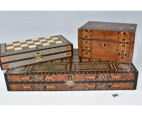 TWO MIDDLE EASTERN BACKGAMMON BOARDS, comprising a large 1970's inlaid games box with chess board top and backgammon interior