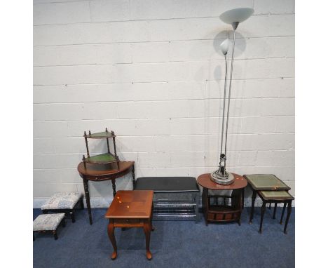 A SELECTION OF OCCASIONAL FURNITURE, to include a demi-lune side table, a two tier corner what-not, two stools, a shoe rack, 