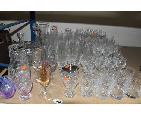 A SELECTION OF CUT AND COLOURED GLASSWARES, to include preserve jar with silver coloured lid, a rose bowl, an unbranded ships