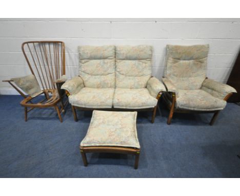 LUCIAN ERCOLANI, A MID CENTURY ERCOL ELM AND BEECH THREE PIECE SUITE, comprising a two seater sofa, width 140cm x depth 89cm 