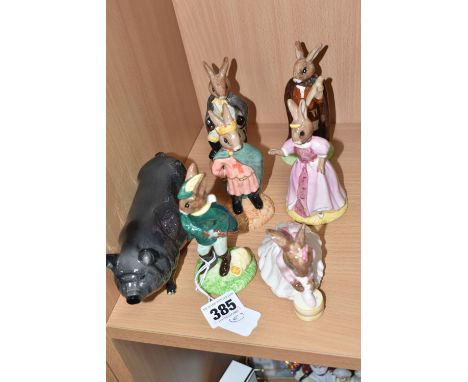 A GROUP OF ROYAL DOULTON BUNNYKINS FIGURES AND PIG, comprising of a Beswick Vietnamese Pot Bellied Pig, makers mark on the be
