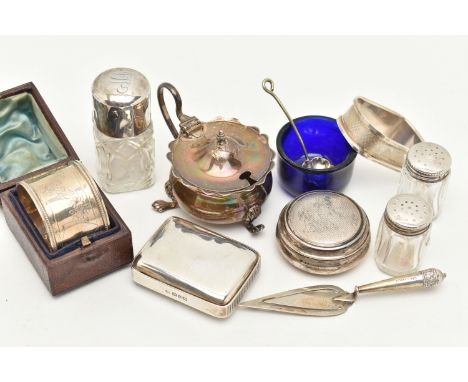 A PARCEL OF LATE 19th AND 20th CENTURY SILVER, comprising a late Victorian rectangular vesta case with push hinged lid, gilt 