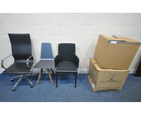 A BOXED PAIR OF BENTLEY DESIGNS DANSK SCANDI UPHOLSTERED CHAIRS, another boxed chairs, two other chairs, and a swivel office 