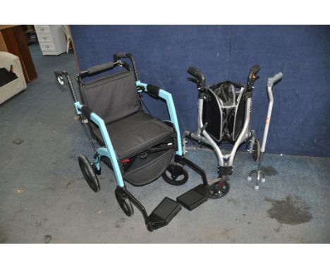 A ROLLZ MOTION 2 COMBINED ROLLATOR AND WHEELCHAIR in Island Blue, a NRS Freestyle Rollator and a walking stick (rollz show ve