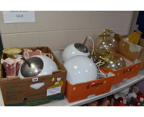 FOUR BOXES AND LOOSE LAMPS AND SHADES to include three Ikea glass white spherical hanging lamps, approximate diameter 30cm (m