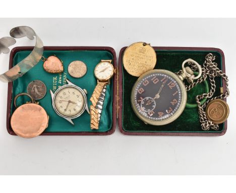 A MILITARY ISSUE POCKET WATCH, A LADIES 9CT GOLD WRISTWATCH AND OTHER ITEMS, manual wind pocket watch, round black dial with 