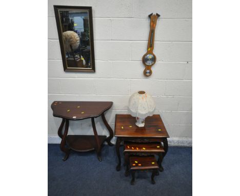 A LATE 20TH CENTURY MAHOGANY SIDE TABLE, a wall mirror, a nest of three tables, a barometer, and a table lamp (condition repo